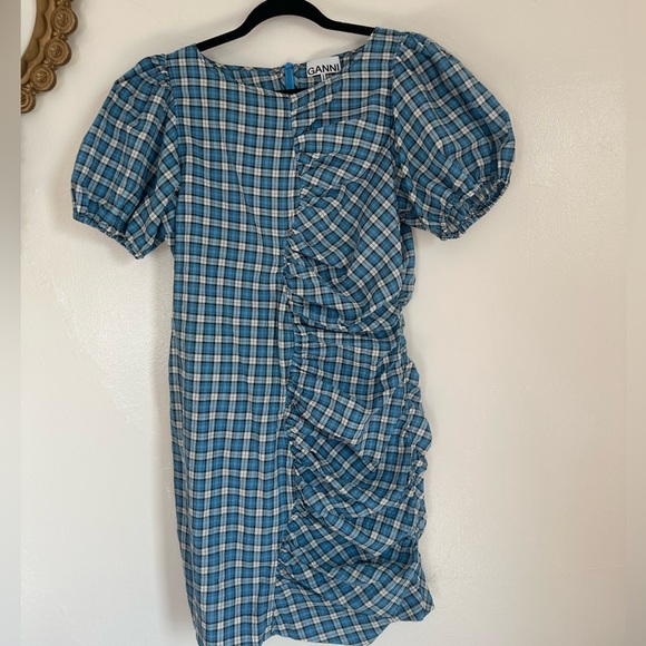 Ganni Check Ruched Seersucker Minidress in Check Azure Blue, - Picture 6 of 11